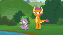 a cartoon drawing of a dragon talking to a baby dragon