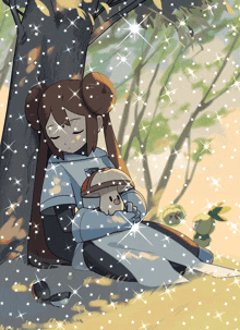 a girl is sitting under a tree with a stuffed animal