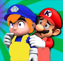 two cartoon characters with one wearing a blue hat with the number 11 on it