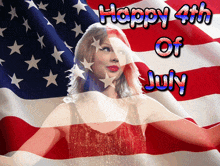 a woman stands in front of an american flag with the words happy 4th of july written above her