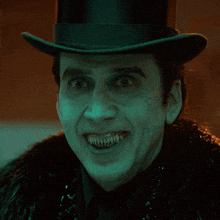 a man wearing a top hat and a fur coat has teeth painted on his face