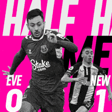 two soccer players on a pink background with the words half time new 01