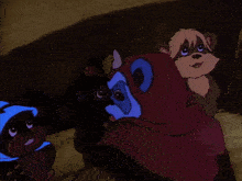 a cartoon character is holding a baby bear