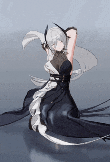a drawing of a girl in a black dress with white hair