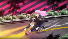 a cartoon girl is riding a motorcycle with a skull on the back