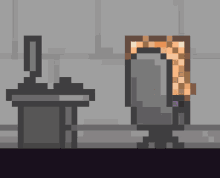 a pixel art of a cat sitting in front of a desk