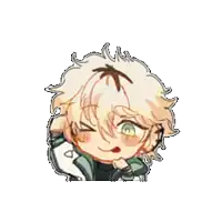 a chibi drawing of a boy with white hair and green eyes is laying down on a white background .