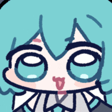 a cartoon drawing of a girl with blue hair and a bow tie