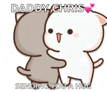two cartoon cats hugging each other with the words `` daddy chris sending you a hug '' written on the bottom .