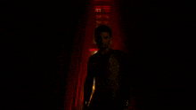 a man is standing in front of a red curtain in a dark room .
