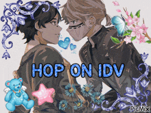a couple of anime characters with the words hop on idv