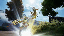 a video game scene with a sword and shield being thrown