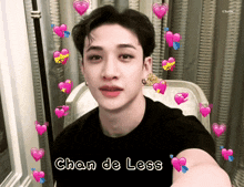 a picture of a boy with hearts around him and chan de less written on the bottom