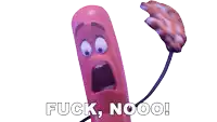 a cartoon sausage is holding a piece of bacon and says fuck nooo!