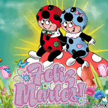 two ladybugs sitting on top of a mushroom with the words feliz martes written below them