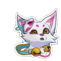 a sticker of a white cat with pink ears and bells around it 's neck