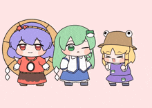 three cartoon characters are standing next to each other and one of them is wearing a frog hat