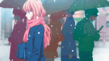 a girl with pink hair and a scarf is standing in the snow