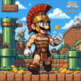 a pixel art of mario wearing a spartan armor and helmet with army written on his shirt