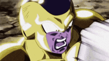 a close up of a cartoon character with a purple face and a yellow body .