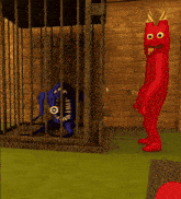 a blue monster is in a cage next to a red monster with horns