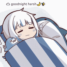 a cartoon drawing of a girl sleeping with a shark pillow and the words goodnight harsh above her