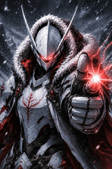 a knight in armor with a red light coming out of his hand