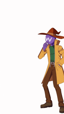 a cartoon character with a w on his face is wearing a yellow coat