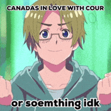 a picture of a boy with the words canadas in love with cour or soemthing idk