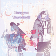 two anime characters are standing next to each other with the words hangyon thursday