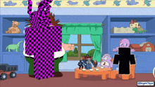 a cartoon of peter griffin standing in front of a window with toys on shelves