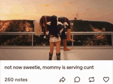 two women are carrying a man on their shoulders and the caption says not now sweetie , mommy is serving cunt .