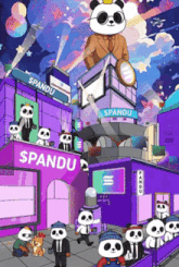 a cartoon illustration of panda bears standing in front of a building that says spandu