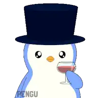 a penguin wearing a top hat is holding a glass of red wine