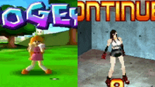 a girl in a pink dress is standing in front of a sign that says " oge continue "