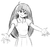 a black and white drawing of a girl with her arms outstretched and a smile on her face .