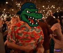 a man with a crocodile on his head is dancing in a crowd of people