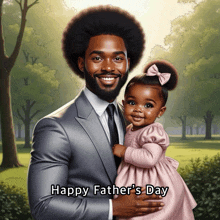 a man in a suit and tie holding a little girl with the words happy father 's day below him