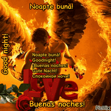a picture of a man with flames behind him and the words good night