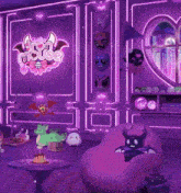 a room with purple walls and a neon sign that says " i love mouse "
