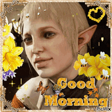 a picture of a woman with yellow flowers and the words " good morning "