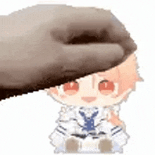 a hand is putting a donut on top of a chibi boy .