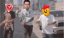 a man in a white shirt with a cat on it is running with two other men