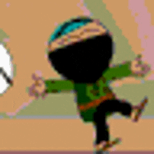 a cartoon character is kicking a soccer ball while wearing a helmet .
