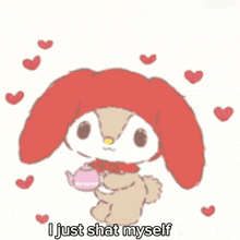 a cartoon of a rabbit holding a teapot with the words " i just shat myself " below it