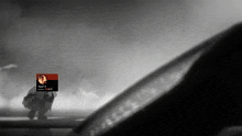 a black and white photo of a man holding an umbrella with a sticker that says " you 'll "