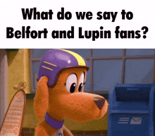 a cartoon dog wearing a purple and yellow helmet stands next to a blue mailbox