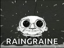 a black and white drawing of a cartoon character with big eyes and the word raingraine written below it .