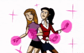 a cartoon of two women standing next to each other wearing pink gloves .