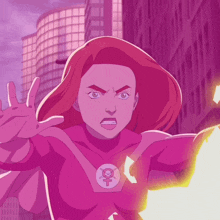 a woman in a pink superhero costume with a female symbol on the chest